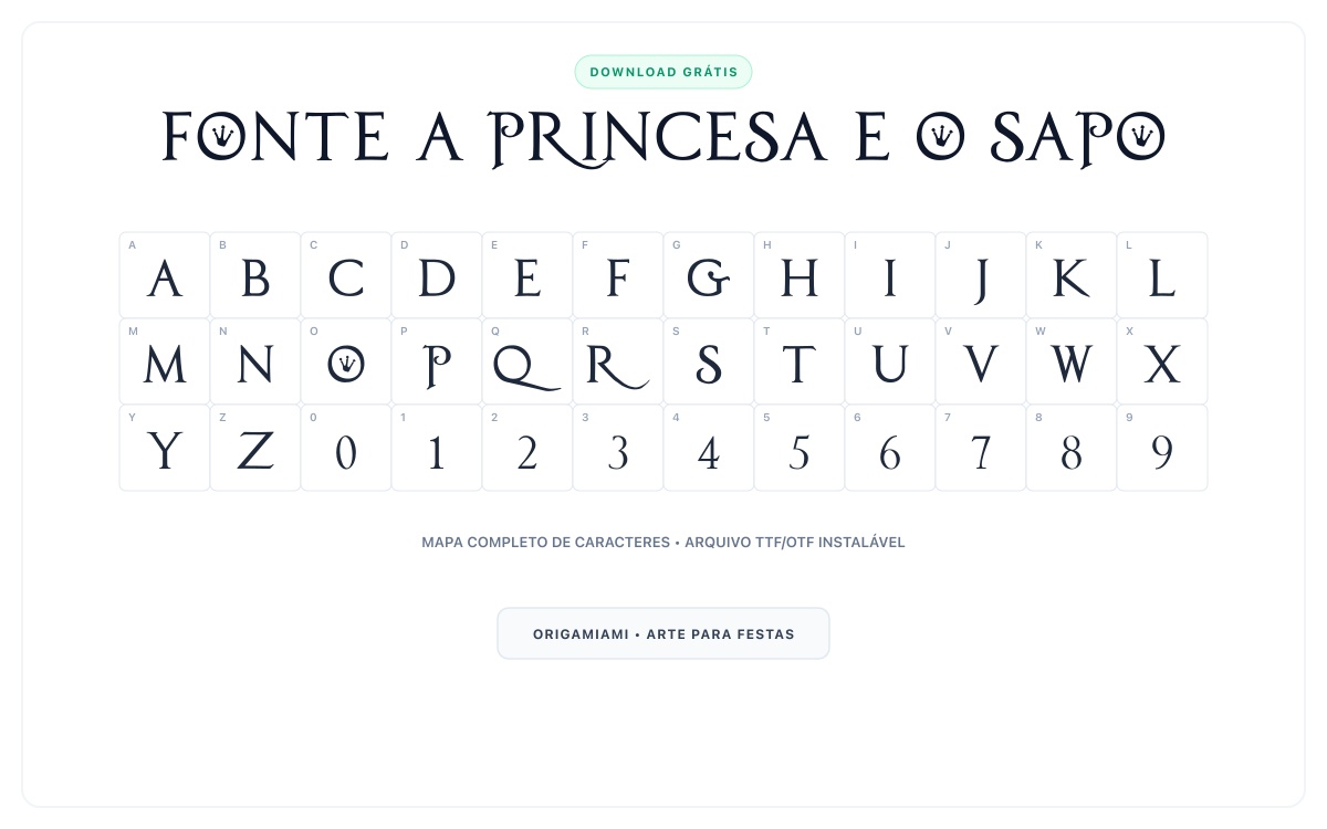 Fonte A Princesa e o Sapo grátis para download - Mapa de caracteres e download grátis
