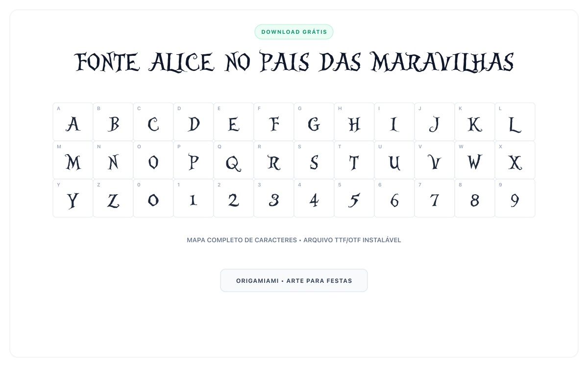 Fonte Alice no País das Maravilhas grátis para download - Mapa de caracteres e download grátis