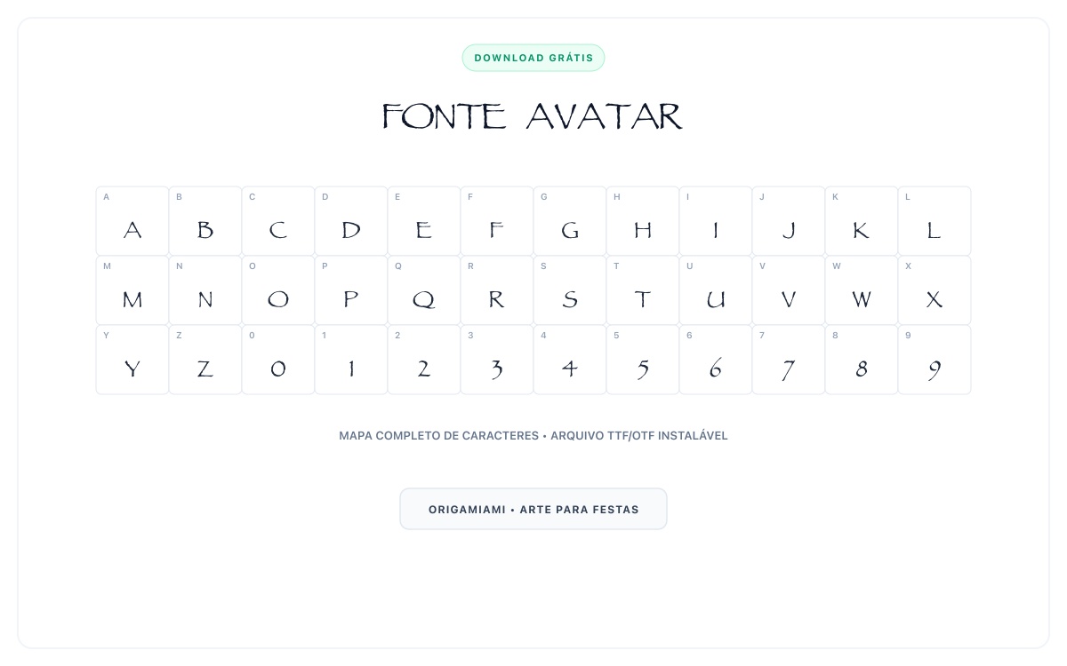 Fonte Avatar grátis para download - Mapa de caracteres e download grátis
