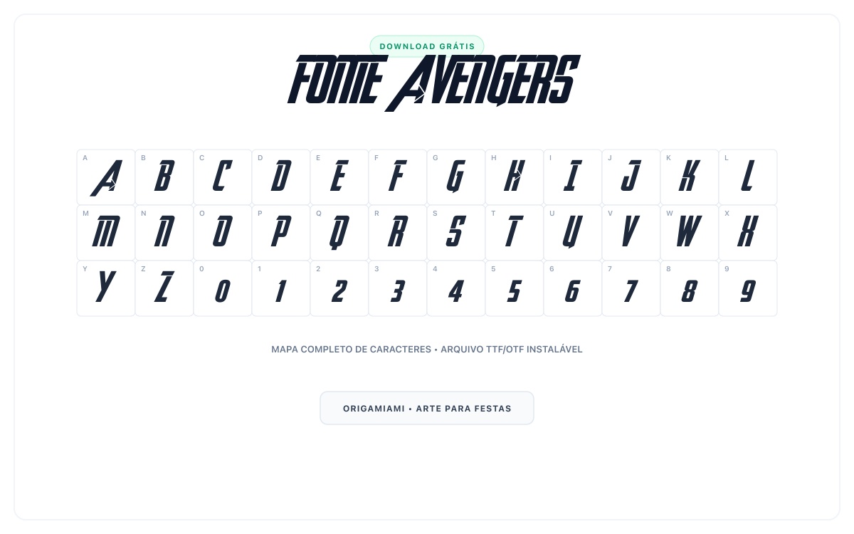 Fonte Avengers grátis para download - Mapa de caracteres e download grátis