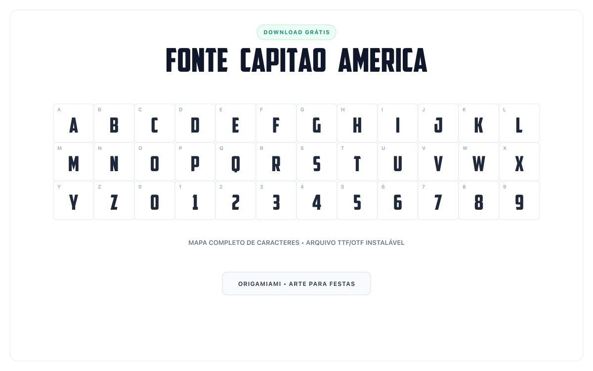 Fonte Capitão América grátis para download - Mapa de caracteres e download grátis