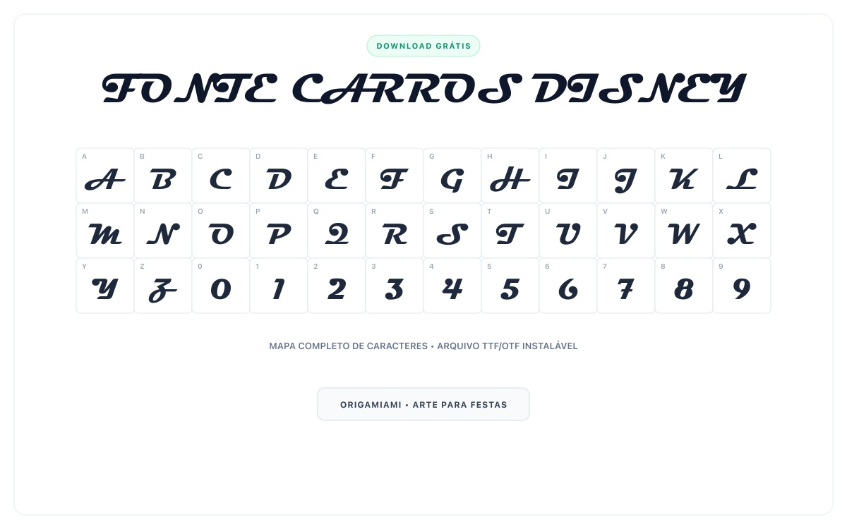 Fonte Carros Disney grátis para download - Mapa de caracteres e download grátis