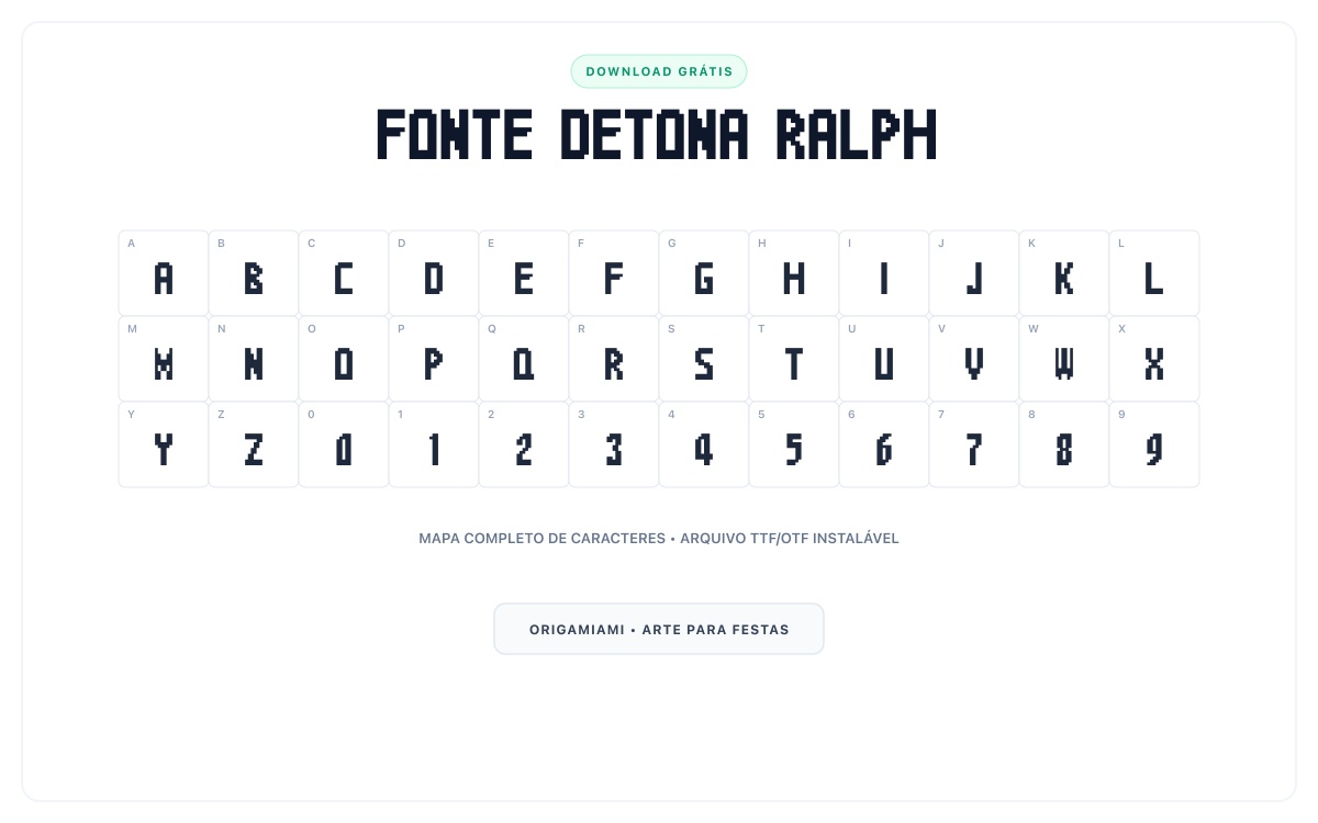 Fonte Detona Ralph grátis para download - Mapa de caracteres e download grátis