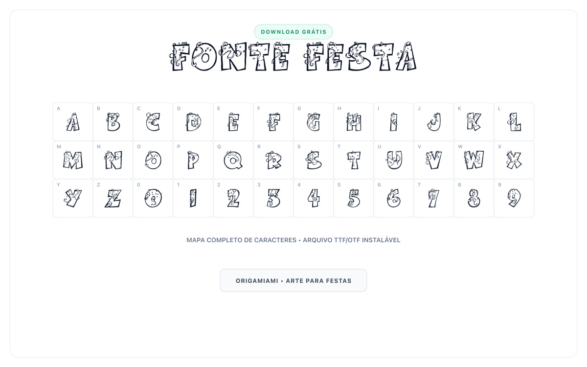 Fonte Festa grátis para download - Mapa de caracteres e download grátis