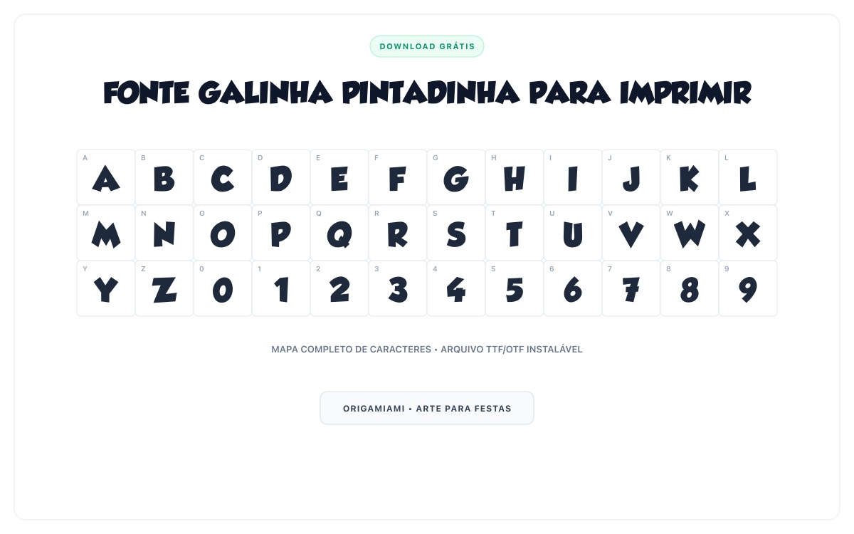 Fonte Galinha Pintadinha grátis para imprimir - Mapa de caracteres e download grátis