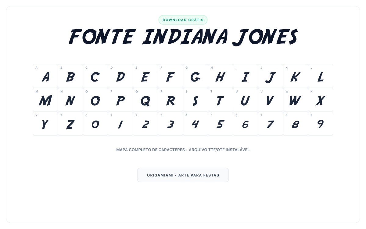 Fonte Indiana Jones grátis para download - Mapa de caracteres e download grátis