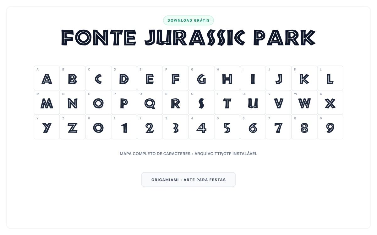 Fonte Jurassic Park grátis para download - Mapa de caracteres e download grátis