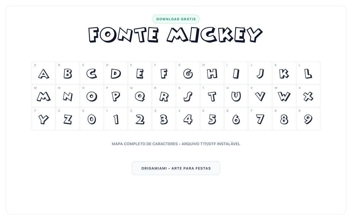 Fonte Mickey grátis para download - Mapa de caracteres e download grátis