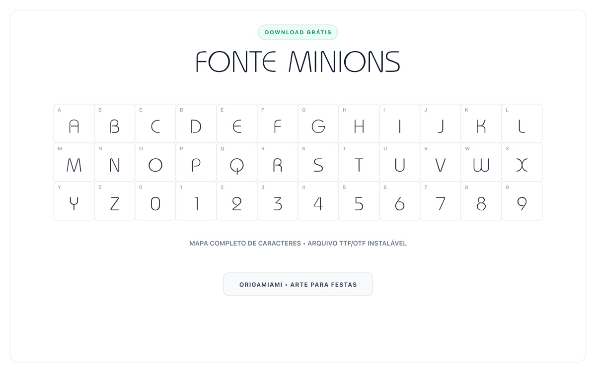 Fonte Minions grátis para download - Mapa de caracteres e download grátis