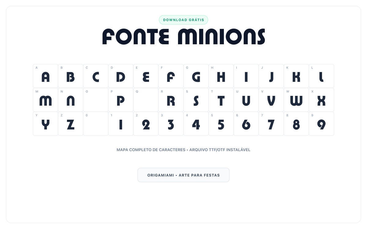 Fonte Minions grátis para download - Mapa de caracteres e download grátis
