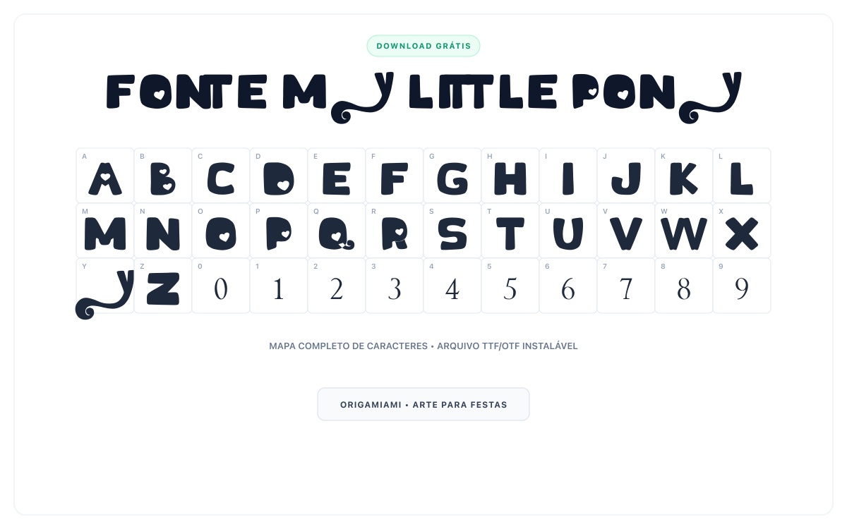 Fonte My Little Pony grátis para download - Mapa de caracteres e download grátis