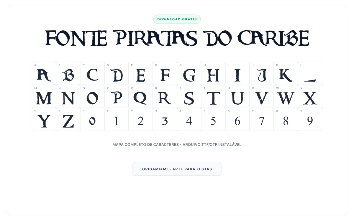 Fonte Piratas do Caribe grátis para download - Mapa de caracteres e download grátis
