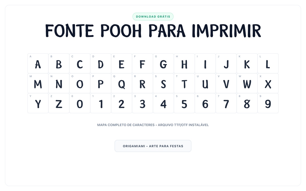 Fonte Pooh grátis para imprimir - Mapa de caracteres e download grátis