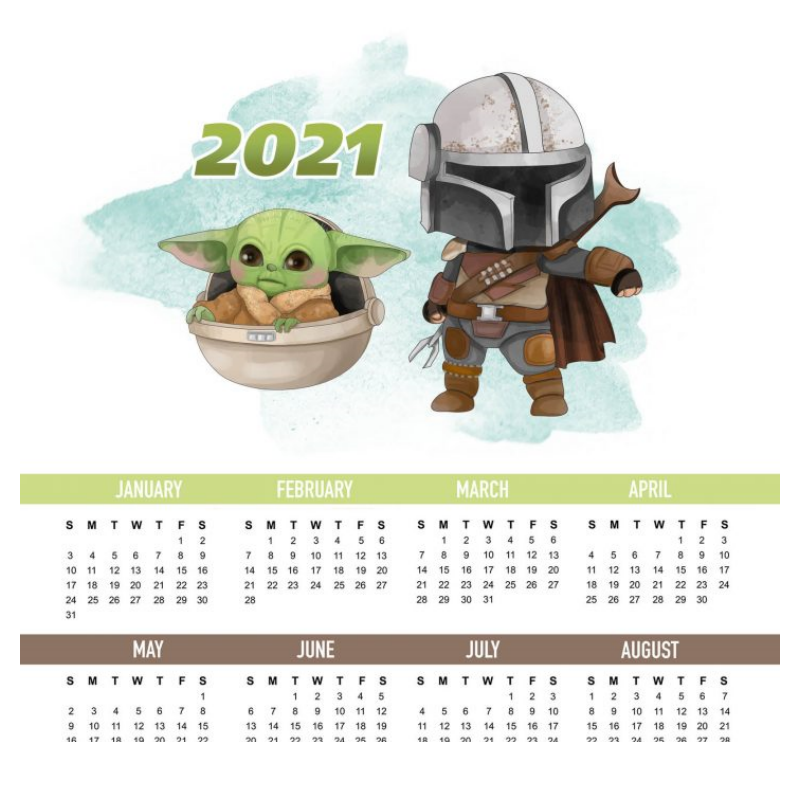 Calendário Anual 2021 Baby Yoda para Imprimir 1 calendario anual baby yoda2