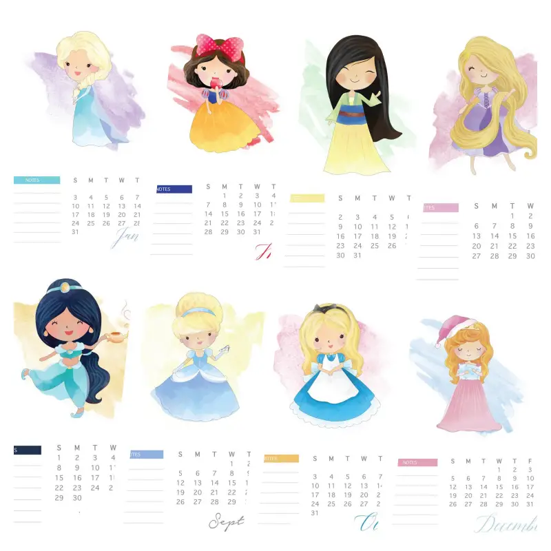 calendario mensal 2021 princesas