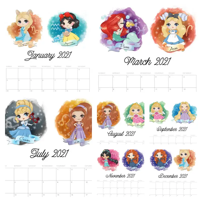 calendario mensal 2021 signos princesas