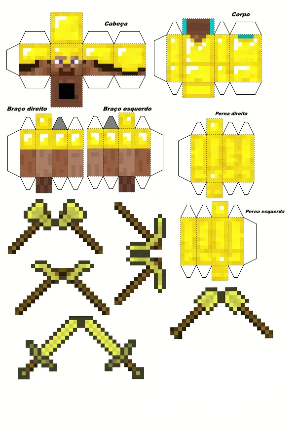 papercraft minecraft steve com armadura acessórios em ouro - OrigamiAmi